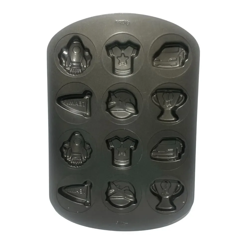 Wilton Ultra Bake 12-Cavity Cookie Mold Pan Car Rocket etc Boys Team Theme